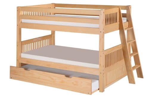 Camaflexi Mission Style Solid Wood Low Bunk Bed with Trundle, Twin-Over-Twin, End Angled Ladder, Natural