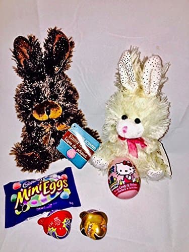 2 Chocolate Scented Easter Plush Bunnies,Mini Candy Eggs,2 Chocolate Filled Eggs and 1 Hello Kitty Childrens Surprise