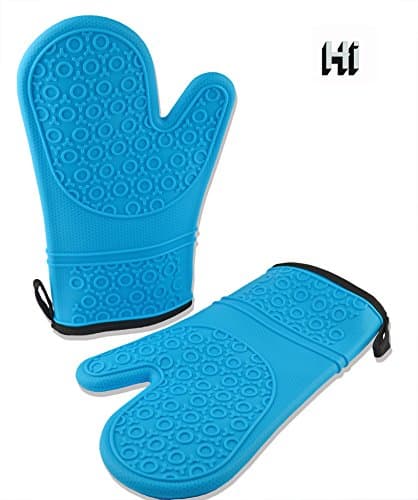 Silicon Oven Mitts with Deluxe Cotton Lining (Blue, Large, Set of 2)- by Cleanbear