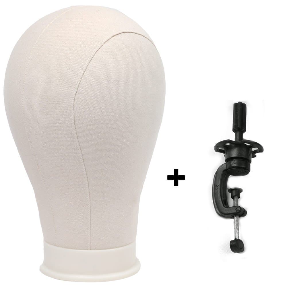 Canvas Cork Block Head For Wig Display, Making And Styling, Professional Mannequin Head with Mount Hole 21-25’’ And Table Clamp Stand (23"+clamp)