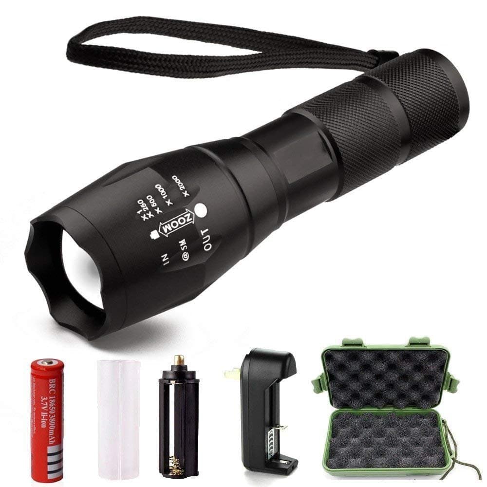 Airsspu Super Bright LED Tactical Flashlight, High Lumen Handheld Flashlight Zoomable Adjustable Focus 5 Modes Water Resistant Torch - Rechargeable 18650 Lithium Ion Battery & Charger