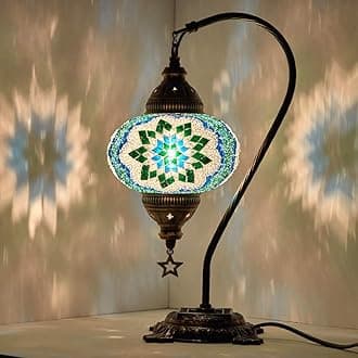 (33 Colors) DEMMEX Turkish Moroccan Mosaic Table Lamp with US Plug & Socket, Swan Neck Handmade Desk Bedside Table Night Lamp Decorative Tiffany Lamp Light, Antique Color Body (20)
