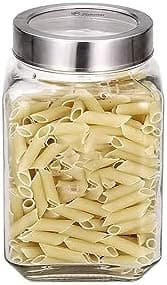 Vency Piramal Glass Cubical Square Transparent Glass Jar with Lid & Containers for Kitchen Pantry, Snacks, Masala, Jams, Pickles, Cookies, Dry Fruits, Coffee Beans Storage with Lid, 1.8 Ltr, Set of 2