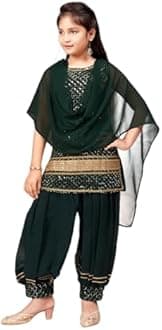 Aarika Girls Ethnic Wear Black Colour Sequin Embroidery/Lace Work Georgette Kurti Patiala Set With Dupatta