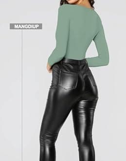 MANGDIUP Women's Essential Bodysuit - Scoop Neck Long Sleeve Slim Fit Stretch Cotton Spandex Jumpsuit