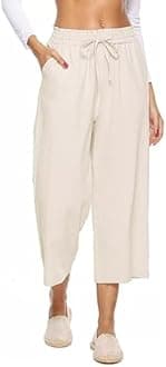 LNX Womens Linen Capri Pants Wide Leg High Waisted Drawstring Casual Cropped Pants with Pockets