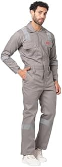 FRENCH TERRAIN® Men's 100% Cotton Pyrovatex Fire Retardant Industrial Coveralls (Boiler Suit) with Reflective Tape 240 GSM. Color_ Grey, Size_5XL - 50