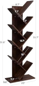 VASAGLE Tree Bookshelf, 9-Tier Bookcase, Large Bookshelf, Space-Saving Corner Shelf, Book Tree, Holds Books, CDs, Games, for Bedroom, Living Room, Home Office, Walnut Color ULBC11BY