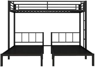 Tynior Nest Triple Bunk Bed, Metal Twin Over Twin & Twin Bunk Beds for 3 with Guardrails, Ladder & Upper-Bed Platform, Detachable 3 Bunk Beds for Teens, Adults, No Box Spring Needed, Black