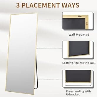 VooBang Mirror Full Length - 21" x 57" Floor Mirror with Stand, Aluminum Alloy Frame Full Body Mirror, Standing Hanging or Leaning Against Wall for Bedroom and Living Room, Gold