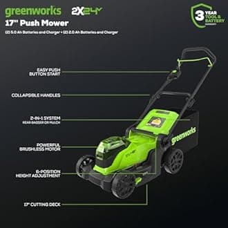 Greenworks 48V (24V x 2) 17" Brushless Mower+12" String Trimmer+320CFM Blower+310 in./lbs Drill Driver, (2) 4.0Ah Batteries and (2) 2.0Ah Batteries, 2A Dual Port Charger