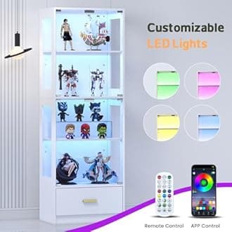 Glass Display Cabinet with Doors - Curio Cabinet with Dynamic LED Lights for Collectibles, 67" Display Case with 4 Tier and Drawer for Figure, Toys, Books, White(Narrow)