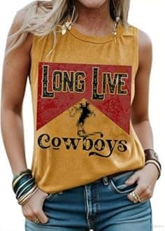 VKEGNIO Long Live Cowboys Tank Shirt Women Casual Sleeveless Vintage Country Music Shirt Funny Letter Print Graphic Tank Vest