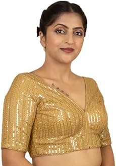 Women's Sequin Embroidered V Neck Elbow Half Sleeve Readymade Saree Blouse Indian Ethnic Designer Stitched Plus Size Top Padded Lavender Pink Blue Silver Black Gold Red Green | E1