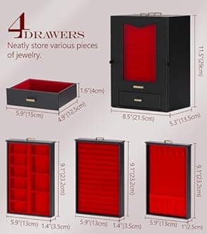 Homde Jewelry Organizer with Transparent Window Necklace Hooks Gift for Women Jewelry Box Display Case for Necklaces Rings Earrings Bracelets and Other Jewelry Accessories (Black + Red +Gold)