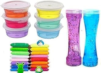 Combo of 12 Pcs Air Dry Clay Toy with 6 Crystal Slime and 2 Bottle Bubble Making Mud Slime for Kids Non Sticky and Safe Multicolored Slime and Clay (20 Pcs)