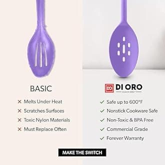 DI ORO Silicone Ladle & Spoons for Cooking – Large Kitchen Spoons for Mixing, Serving & Stirring - Soup Ladle with Wide Bowl - High Heat Silicone Kitchen Utensils for Nonstick Cookware Safe (Lavender)