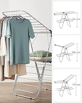SONGMICS 2-Level Clothes Airer, Stainless Steel Drying Rack, Laundry Rack with Height-Adjustable Wings, Free-Standing, for Socks, Bed Linen, Clothing, Foldable, Stable, Blue LLR53BU, 156 x 61 x 113 cm