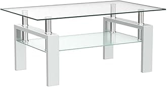 Meihua Glass Coffee Table for Living Room, Modern Coffee Table with Black Tempered Glass Top White
