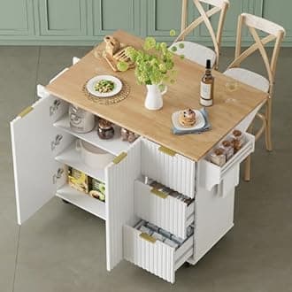 win2win Rolling Kitchen Island with Storage, Portable Kitchen Island with Drop Leaf Breakfast Bar, Modern Farmhouse Kitchen Cart on Wheels with Fluted Design, Towel Rack, Spice Rack, White