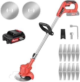 Metal Blade Cordless Strimmer Lightweight Grass Trimmers With 10 Metal Blades, 2 Saw Disc, 1.5Ah Battery, 15cm Cutting Diameter, Adjustable Height and Cutting Head, For Lawn Garden (Red)
