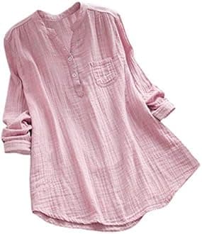 Cocila Women Cotton Linen Casual Solid Long Sleeve Shirt V Neck Blouse Button Down Tops with Pocket (L, A-Pink)