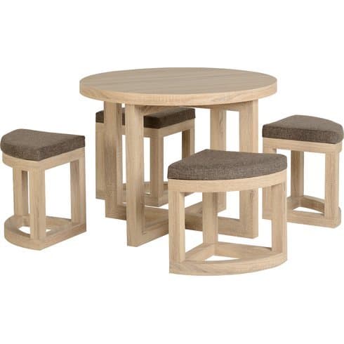 Round Dining Table Set - Sonoma Oak Effect Veneer - Brown Upholstered 4 Chairs, Removable Legs and Space Saving Furniture
