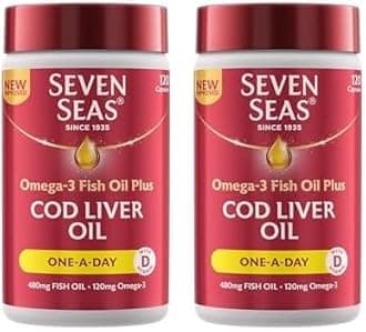 Cod Liver Oil Tablets with Omega-3, Fish Oil, One A Day, 4 Months Supply (120 Capsules), EPA & DHA, with High Strength Vitamin D & A (Pack of 2)