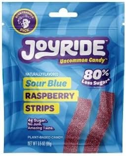 Joy Sweets Blue Raspberry Candy Strips, 80% Less Sugar - 3.5oz, Gummy Strips, Gummy candy strips, Candy Belts, Sour Candy Strips.