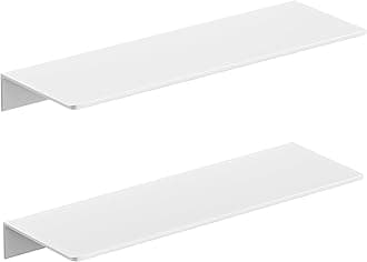 HNVNER Glossy White Metal Floating Wall Shelves set of 2, No Drilling, Aluminum Adhesive Shelf, Dispaly Wall Ledge for Home Decor & Storage, Idear for Living Room, Bedroom, Bathroom
