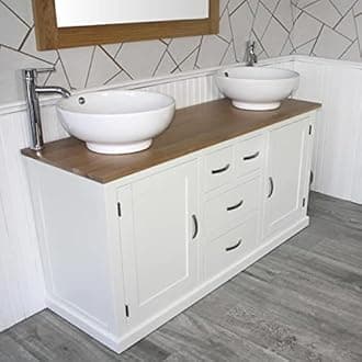 Wooden Bathroom Vanity Unit with 2 Ceramic Basins - Modern Bathroom Sink Cabinet with Drawers - Double Vanity Unit with Chromed Mixer Taps - White Painted - Curve Sided Bowl (603PCB025X2)