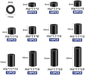 Neng-Q 260 Pcs Nylon Round Outlet Spacers ID 6.2mm,OD 11mm, 3mm 4mm 5mm 6mm 8mm 10mm 15mm 18mm 20mm 25mm Length, Assortment Kit Without Threaded, Suitable for M6 Screws Hardware Spacer Bracket