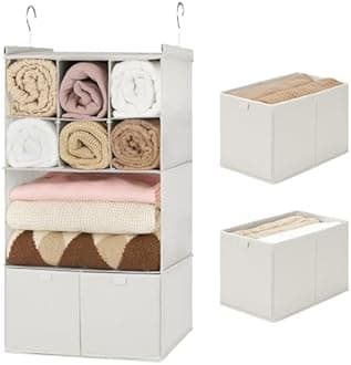 GRANNY SAYS Hanging Closet Organizer with Drawers, 4 Shelf Dividers Closet Hanging Organizer, Foldable Hanging Shelves for Clothes Organizer, Small Closet Organizers and Storage, Beige