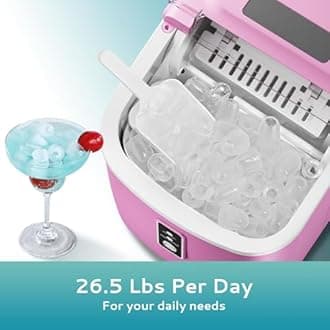 EUHOMY Countertop Ice Maker Machine with Handle, 26.5lbs Per Day, 9 Cubes in 6 Mins, Auto-Cleaning Portable Ice Maker with Basket and Scoop, for Home/Kitchen/Camping/RV (Pink)