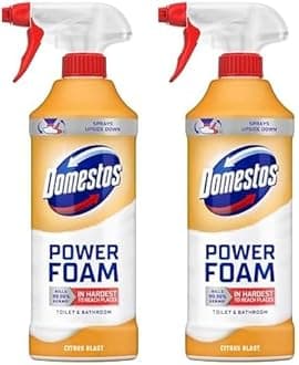 Domestos Power Foam Citrus Blast Toilet & Bathroom Cleaner Spray sprays upside down & kills 99.99% of germs for cleaning inside the toilet & around bathroom 450 ml (Pack of 2)
