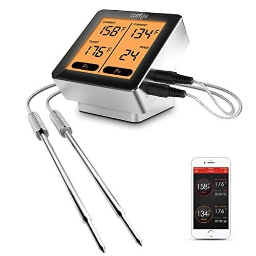 Wireless Meat Thermometer for Grilling, Comfyer Bluetooth Remote BBQ Grill Smoker Oven Turkey Frying Instant Read Cooking Thermometer w/Dual Long Probes, LCD Backlight, Timer Alarm for iPhone, Android