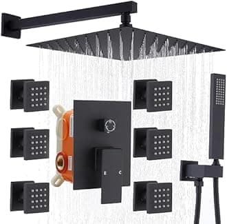 Enga Shower System with Body Jets, 12 Inch Wall Mount Rainfall Shower System and Handheld Body Spray Shower Faucets sets Combo with Rough-in Valve, Matte Black