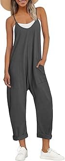 AUTOMET Jumpsuits for Women Casual Summer Rompers Sleeveless Loose Spaghetti Strap Baggy Overalls Jumpers with Pockets 2023, Darkgrey, Medium