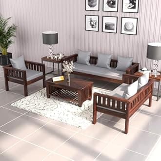 Sheesham Wood 6 Seater Low Height Sofa Set with Coffee Table for Living Room Wooden Sofa Set for Living Room Furniture | Grey Cushion (3+2+1, Walnut Finish)