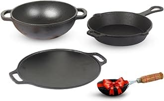 The Indus Valley Pre-Seasoned Cast Iron Cookware Set + Free Iron Tadka Pan | Tawa(30.2cm)+ Kadai(25.4cm/2.3L)+ Fry pan(23cm/1.4L) | Kitchen Cooking Combo Pots and Pans Set of 4Pcs | Naturally Nonstick