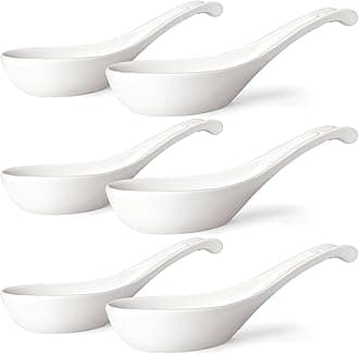 - Asian Soup Spoons Set of 6, Ceramic Chinese Soup Spoons 7 Inch Japanese Spoon for Ramen Pho Dumpling Miso Wonton Noodles | Long Handle Flat Bottom Deep Oval Hook Design | White
