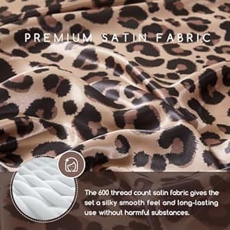MR&HM Satin Bed Sheets with Elastic Corner Straps, Queen Size Sheets Set, 4 Pcs Silky Bedding Set with 15 Inches Deep Pocket for Mattress (Queen, Brown Leopard)