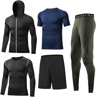 BUYJYA5Pcs Men's Compression Pants Shirt Top Long Sleeve Jacket Athletic Sets Gym Clothing Mens Workout