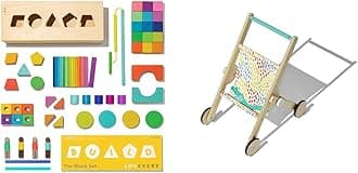 Lovevery 70-Piece Solid Wood Building Block Set, Shapes, Storage Box + Wooden Toy Stroller for Pretend Play, Ages 12 Months+