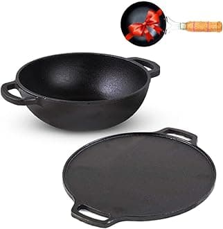 The Indus Valley Pre-Seasoned Cast Iron Cookware Set + Free Iron Tadka Pan | Kadai (25.4Cm/2.3L) + Tawa (30.5Cm) | Kitchen Cooking Combo Pots And Pans Set Of 3Pcs | Naturally Nonstick - Black