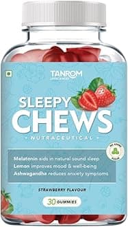 SleepyChews, 30 Gummies, Strawberry Flavor, Natural Sleep and Anxiety Relief Supplements with Ashwagandha, Melatonin, Valerian Root, No Added Sugar, Vegan