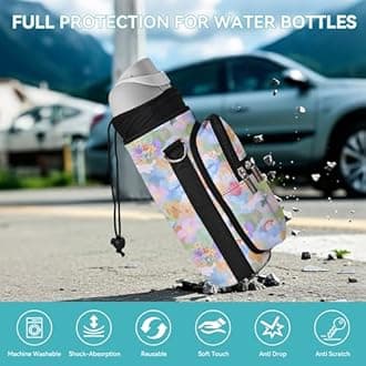 AUPET Water Bottle Sling Bag Sleeve Holder Carrier 25/32/40/64 oz,Insulated Crossbody Water Bottle Case Cover with Strap and Pockets for Men/Women Walking Hiking (Colorful Flower Cat, 32oz)