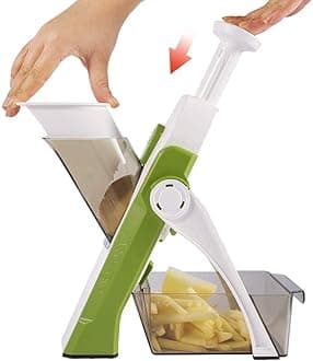 ONCE FOR ALL Safe Mandoline Slicer, Multi Vegetable Chopper, Potato Slicer for Kitchen, 4 Modes 100+ Presets Adjustable Thickness, French Fry Cutter (5 in 1 Green)