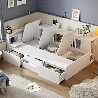 BTM Single Bed with Storage, 3ft-90x190cm Kids Bed, Single Bed with Drawers, Bookcase and Storage Cupboard, Mid Sleeper Cabin Bed Kids, No Mattress