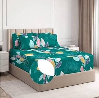 BSB HOME Premium Cotton Elastic Fitted Bedsheets with 2 King Size Pillow Covers | Double Bed with All Around Elastic 180 TC Supersoft | Size - 72 King Sizex78+10 in | Dark Green & White